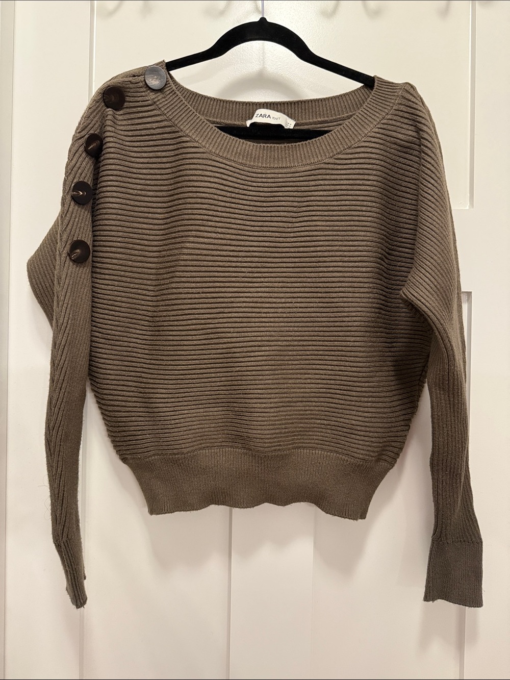 Zara Ribbed Button-Shoulder Sweater in Olive Brown